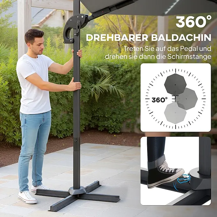 Outsunny Ampelschirm - Dunkelgrau - Mann dreht den Baldachin eines Sonnenschirms mittels Pedal um 360 Grad.
