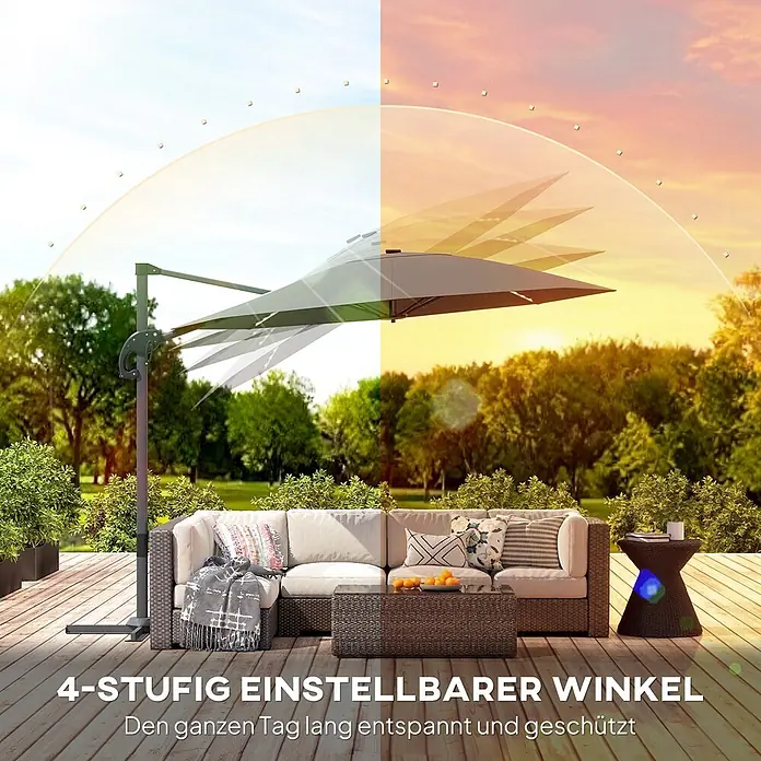 Outsunny Ampelschirm - Dunkelgrau - Verstellbarer grauer Ampelschirm über Outdoor-Sofa, zeigt mehrere Neigungswinkel für ganztägigen Sonnenschutz.