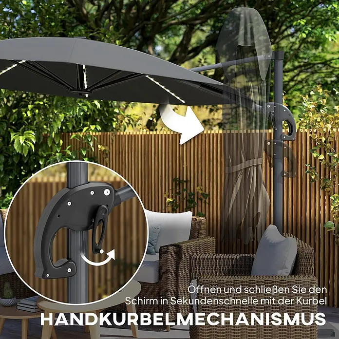 Outsunny Ampelschirm - Dunkelgrau - Dunkelgrauer Ampelschirm mit LED-Beleuchtung, der seinen Kurbelmechanismus zum einfachen Öffnen/Schließen auf der Terrasse hervorhebt.