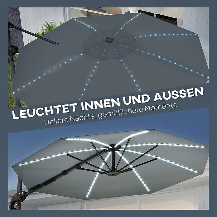 Outsunny Ampelschirm - Dunkelgrau - Grauer Garten-Ampelschirm mit solarbetriebenen LED-Leuchten, die an Ober- und Unterseite des Schirms integriert sind.