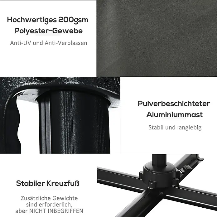 Outsunny Ampelschirm - Dunkelgrau - Dunkelgraues 200gsm Polyester-Gewebe mit UV-Schutz, pulverbeschichteter Aluminiummast und stabiler Kreuzfuß. Gewichte nicht enthalten.