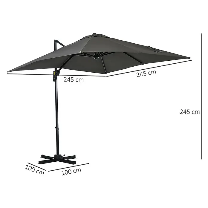 Outsunny Ampelschirm - Dunkelgrau - Dunkelgrauer, quadratischer Ampelschirm mit Kreuzfuß. Schirm 245 cm breit, 245 cm hoch, Fuß 100x100 cm.