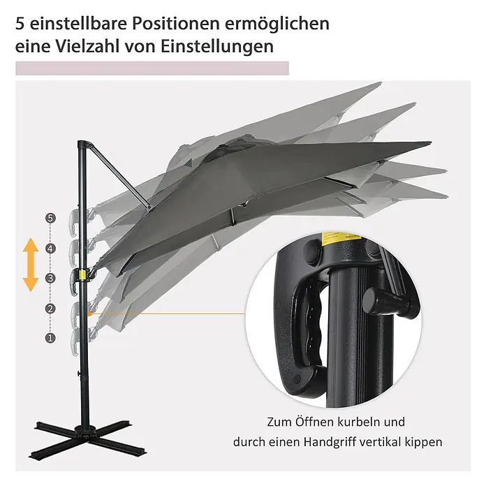 Outsunny Ampelschirm - Dunkelgrau - Dunkelgrauer Ampelschirm mit schwarzem Gestell, zeigt 5 einstellbare Neigungspositionen, mit Kurbel zum Öffnen und Handgriff zur vertikalen Neigung.