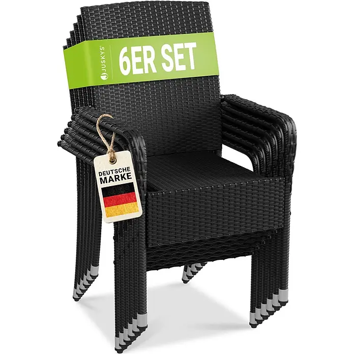 Juskys Gartenstuhl-Set Yoro - 6 Stk., Polyrattan, Stapelbar, Schwarz, B x T x H: 50 x 50 x 90 cm - Stapel von 6 schwarzen Polyrattan-Stühlen, beschriftet mit '6ER SET' und 'DEUTSCHE MARKE'.