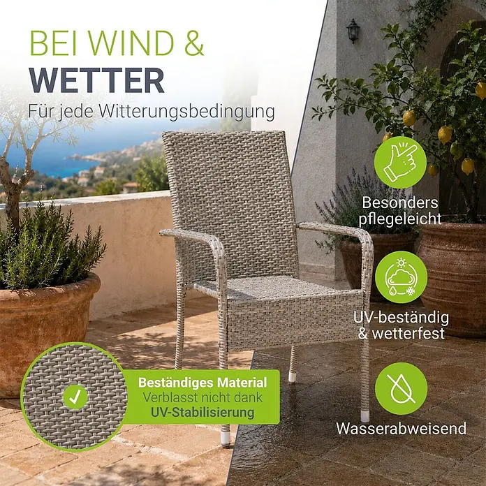 Juskys Gartenstuhl-Set Yoro - 6 Stk., Polyrattan, Stapelbar, Grau, B x T x H: 50 x 50 x 90 cm - Ein hellgrauer Outdoor-Sessel aus Polyrattan auf einer Terrasse, wetterfest und pflegeleicht.