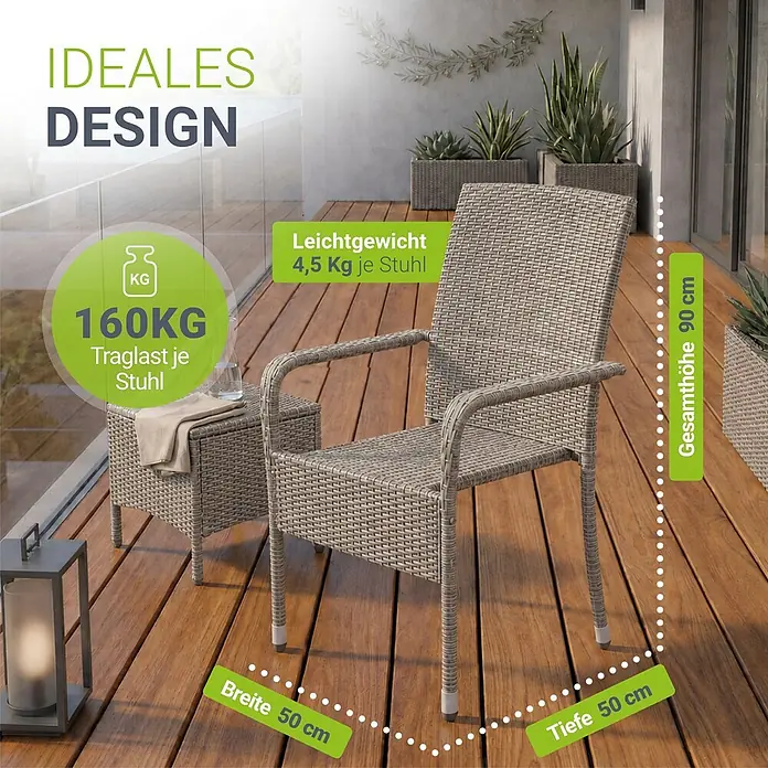 Juskys Gartenstuhl-Set Yoro - 6 Stk., Polyrattan, Stapelbar, Grau, B x T x H: 50 x 50 x 90 cm - Heller Rattan-Gartenstuhl mit Armlehnen, 90 cm hoch, 50 cm breit/tief, 4,5 kg, 160 kg Traglast.