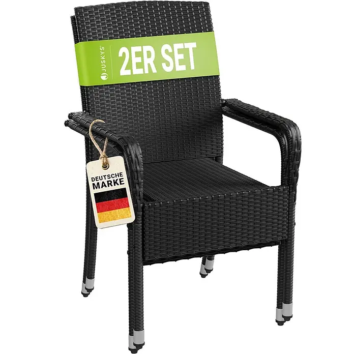 Juskys Gartenstuhl-Set Yoro - 2 Stk., Polyrattan, Stapelbar, Schwarz, B x T x H: 50 x 50 x 90 cm - Schwarzer Polyrattan Gartenstuhl mit Armlehnen, Teil eines Sets.