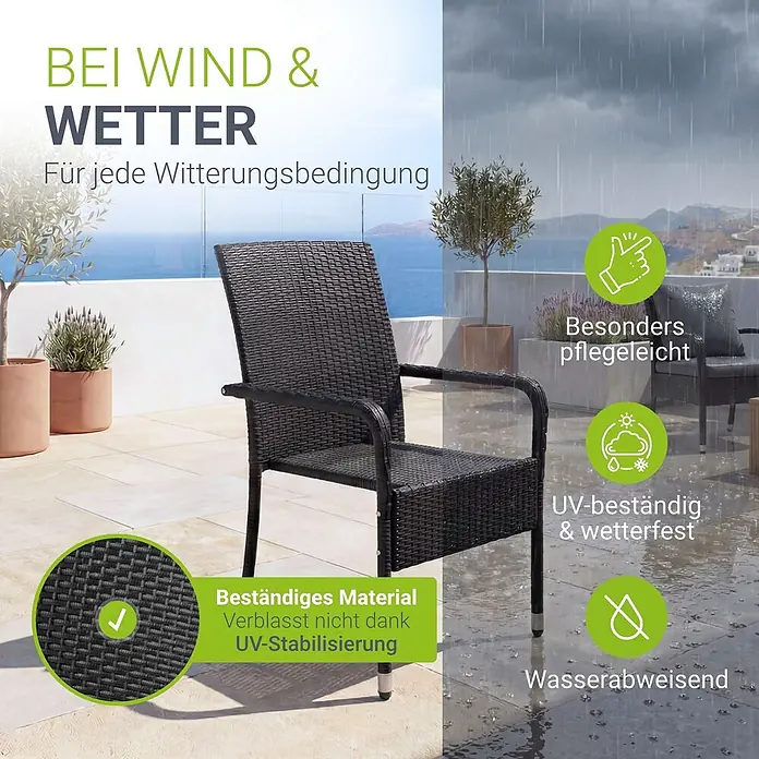 Juskys Gartenstuhl-Set Yoro - 8 Stk., Polyrattan, Stapelbar, Schwarz, B x T x H: 50 x 50 x 90 cm - Dunkelbrauner Polyrattan-Gartenstuhl auf einer Terrasse im Regen, der seine Wetterbeständigkeit demonstriert.
