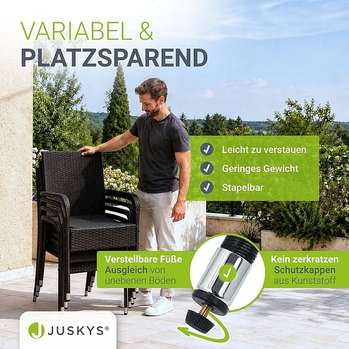 Juskys Gartenstuhl-Set Yoro - 8 Stk., Polyrattan, Stapelbar, Schwarz, B x T x H: 50 x 50 x 90 cm - Dunkelbraune Gartenstühle in Rattan-Optik auf einer Terrasse gestapelt, demonstrieren platzsparende Eigenschaften wie Stapelbarkeit, verstellbare Füße und Schutzkappen.