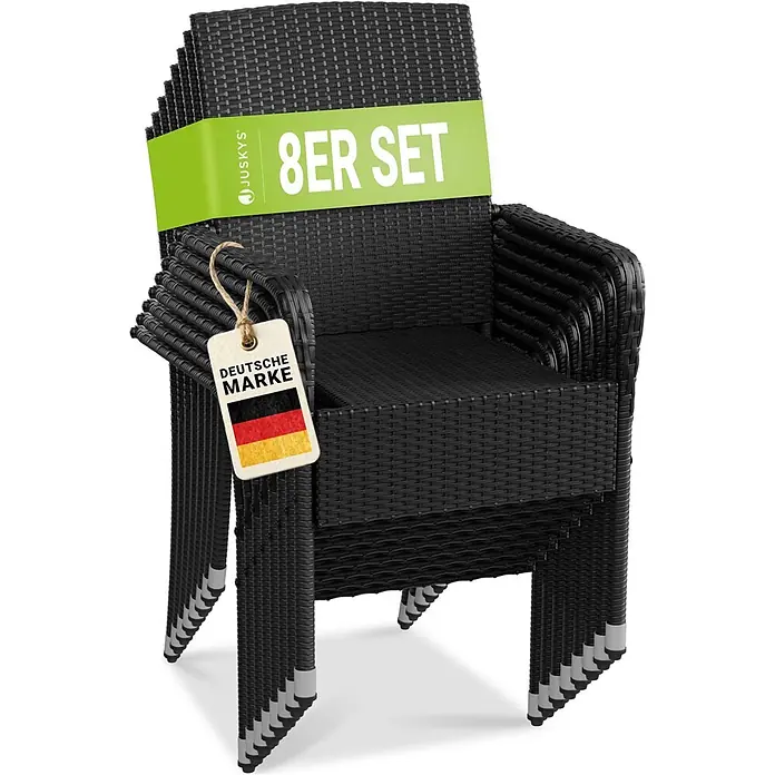 Juskys Gartenstuhl-Set Yoro - 8 Stk., Polyrattan, Stapelbar, Schwarz, B x T x H: 50 x 50 x 90 cm - Acht gestapelte schwarze Rattan-Gartenstühle, mit 'Deutsche Marke' Etikett.