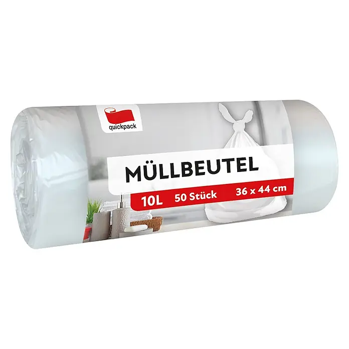 Quickpack Müllbeutel - Fassungsvermögen: 10 l, 50 Stk., Transparent - Weiße quickpack Müllbeutel auf Rolle, 10L, 50 Stück, 36x44 cm.