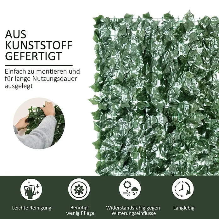 Outsunny Sichtschutzelement - Kunststoff, Dunkelgrün - Grüne künstliche Efeu-Sichtschutzpaneele aus Kunststoff, einfach zu montieren und langlebig für den Außenbereich.