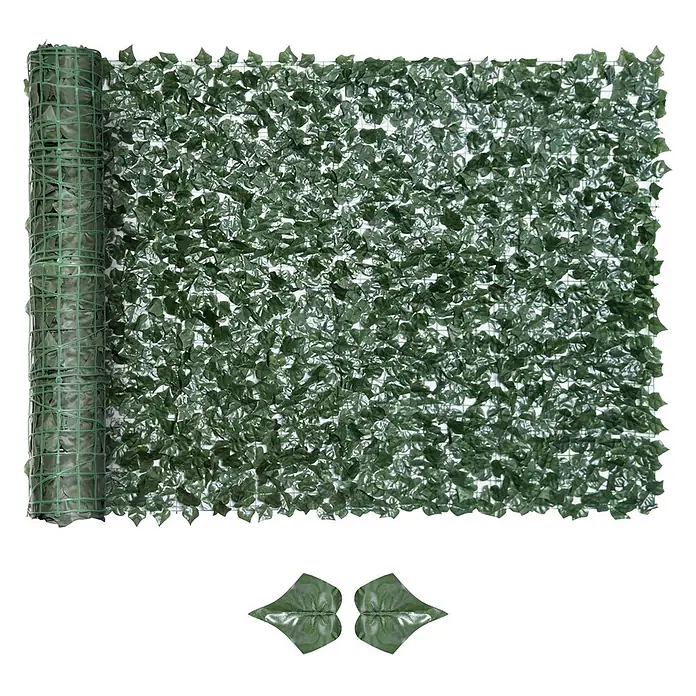 Outsunny Sichtschutzelement - Kunststoff, Dunkelgrün - Grüne künstliche Efeu-Sichtschutzrolle, mit einzelnen Blättern.