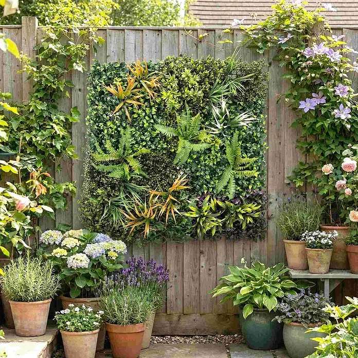 Outsunny Sichtschutzelement - B x H: 1 x 100 cm, Kunststoff, Grün, gelblich-braun, lila, weiß - Üppiges künstliches Vertikalbeet mit gemischtem grünem Laub, Farnen und orangefarbenen Akzenten, an einem Holzzaun befestigt.