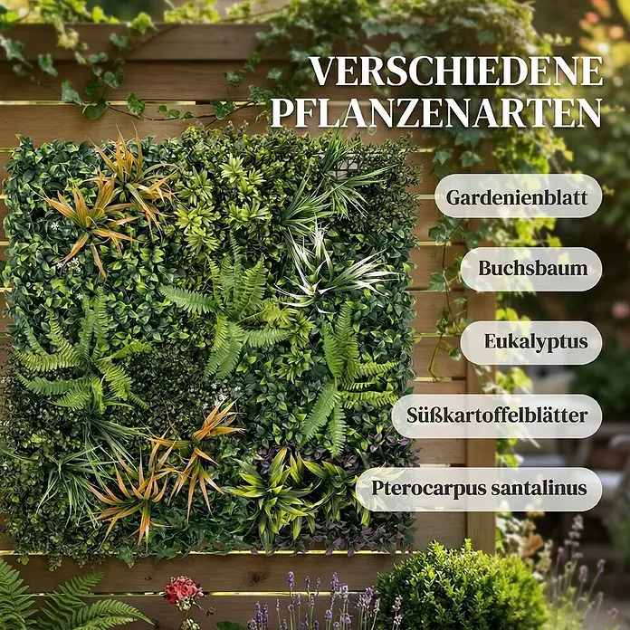 Outsunny Sichtschutzelement - B x H: 1 x 100 cm, Kunststoff, Grün, gelblich-braun, lila, weiß - Künstliche grüne Pflanzenwandplatte mit verschiedenen Kunstpflanzen an einem Holzzaun, die Texturen und Farben zeigt.