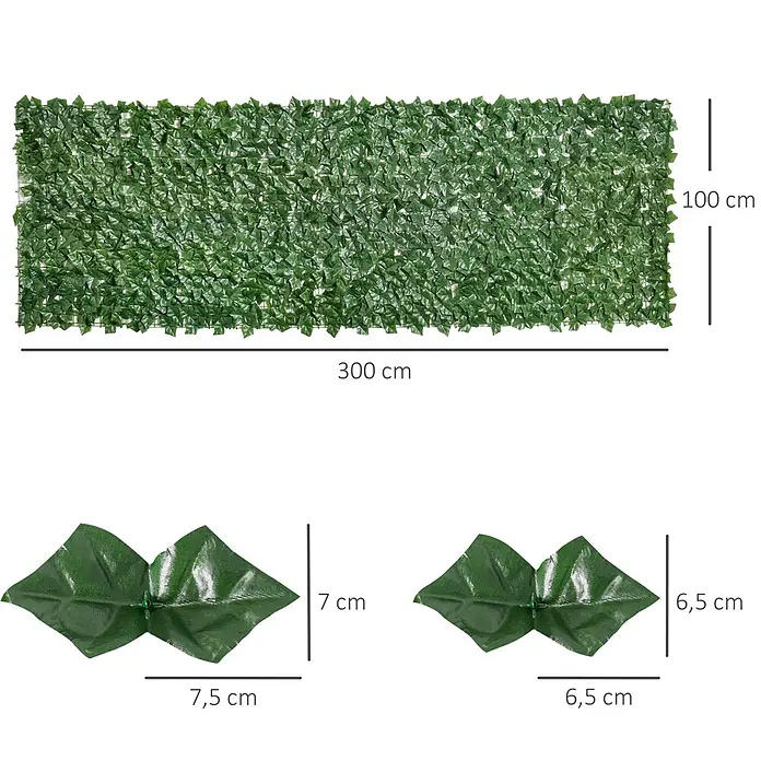 Outsunny Sichtschutzelement - Sonstiges, Dunkelgrün - Künstliche grüne Efeu-Heckenplatte, 300 cm x 100 cm, mit verschiedenen Blattgrößen dargestellt.