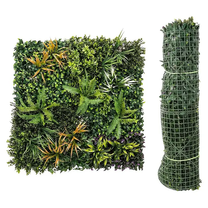 Outsunny Sichtschutzelement - B x H: 1 x 100 cm, Kunststoff, Grün, gelblich-braun, lila, weiß - Künstliche grüne Wandpaneele mit verschiedenen Pflanzen (Farne, Gräser, Blätter) und ein gerolltes Paneel, auf grünem Gitter.