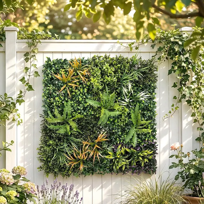 Outsunny Sichtschutzelement - B x H: 1 x 100 cm, Kunststoff, Grün, gelblich-braun, lila, weiß - Quadratische künstliche Pflanzenwand mit vielfältigem Grün und Farben als vertikaler Garten an einem weißen Zaun.