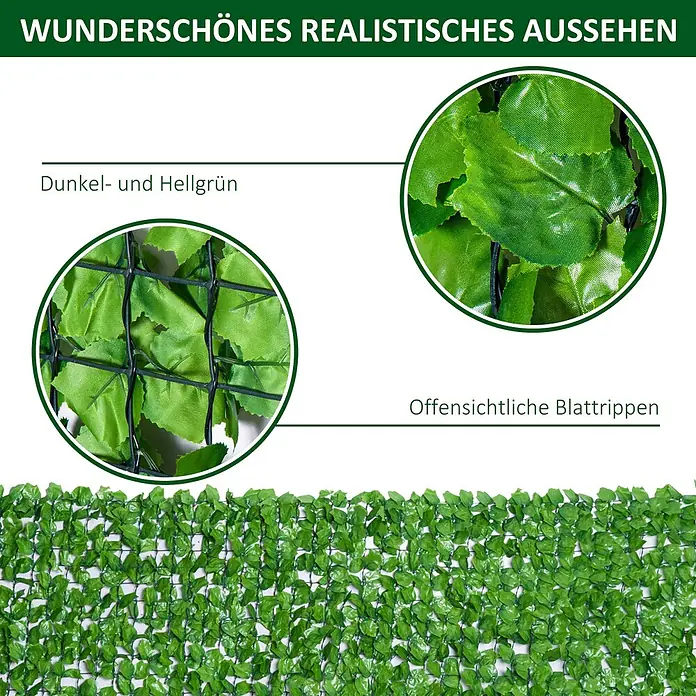 Outsunny Sichtschutzelement - Kunststoff, Hellgrün - Grüner künstlicher Blätterzaun mit realistischen dunkel- und hellgrünen Blättern und sichtbaren Blattrippen auf einem schwarzen Gitter.