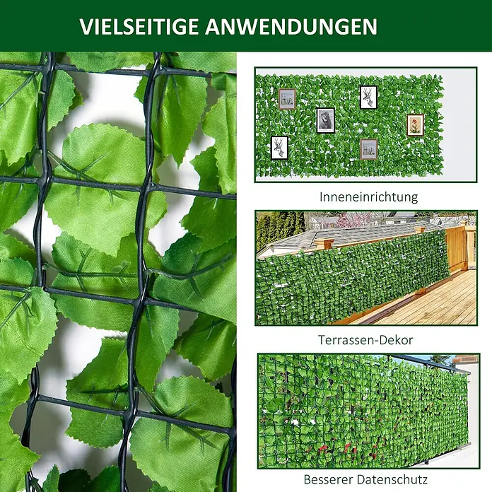 Outsunny Sichtschutzelement - Kunststoff, Hellgrün - Sichtschutzmatten mit künstlichen grünen Blättern. Gezeigt als Innenraumdekoration, Terrassenverkleidung und verbesserter Sichtschutz im Freien.