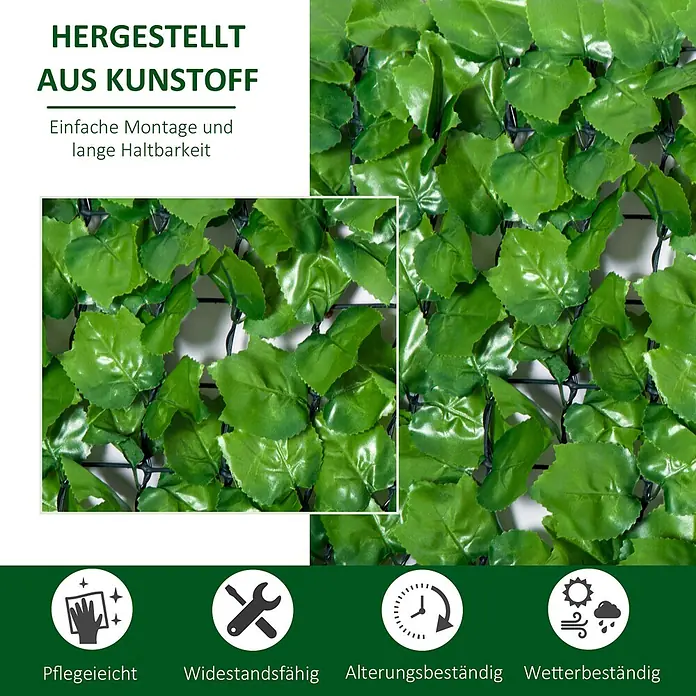 Outsunny Sichtschutzelement - Kunststoff, Hellgrün - Grüne künstliche Efeublätter aus Kunststoff auf einem schwarzen Gitter, bilden einen dekorativen Sichtschutz.