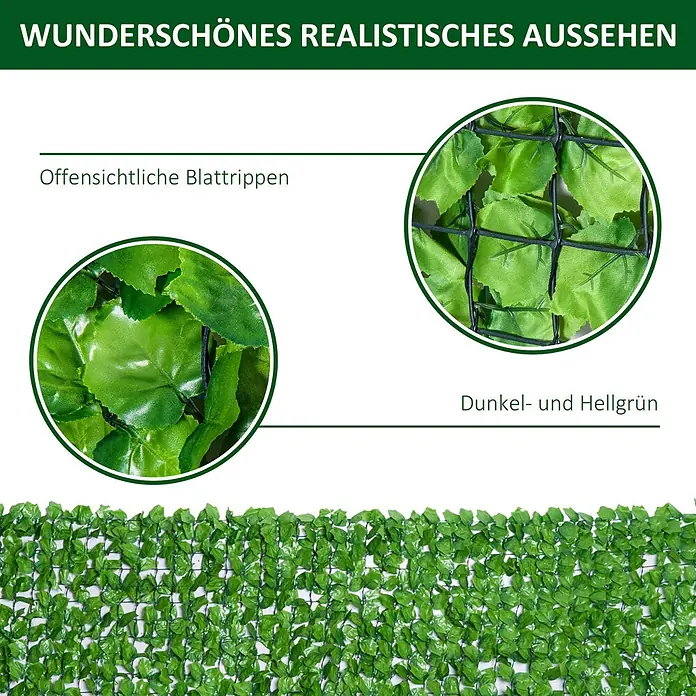 Outsunny Sichtschutzelement - Kunststoff, Hellgrün - Künstliche grüne Hecke mit realistischen Blättern in dunklen und hellen Grüntönen auf einem Gitter.