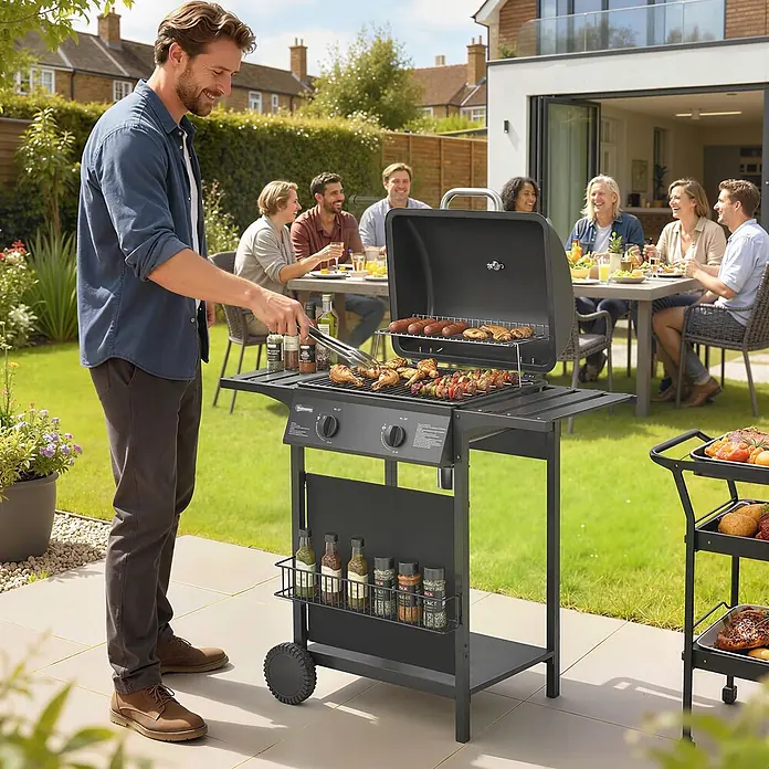 Outsunny Gasgrill - 5 kW, Anzahl Brenner: 2 Stk. - Dunkelgrauer Gasgrill mit Essen darauf, von einem Mann bei einer lebhaften Gartenparty benutzt.