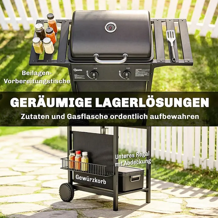 Outsunny Gasgrill - 5 kW, Anzahl Brenner: 2 Stk. - Schwarzer Gasgrill mit Beistelltischen und unterem Stauraum, inklusive Gewürzkorb und abgedecktem Regal, im Garten.