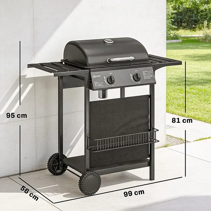 Outsunny Gasgrill - 5 kW, Anzahl Brenner: 2 Stk. - Schwarzer Gasgrill mit zwei Brennern und Beistelltischen, ca. 95x99x56 cm.