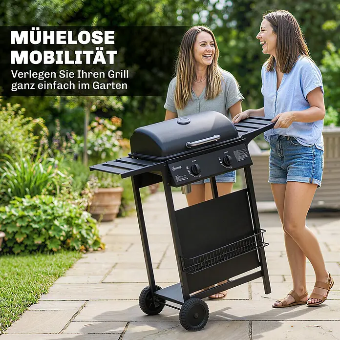 Outsunny Gasgrill - 5 kW, Anzahl Brenner: 2 Stk. - Schwarzer Gasgrill auf Rädern, von zwei Personen mühelos im Garten bewegt.