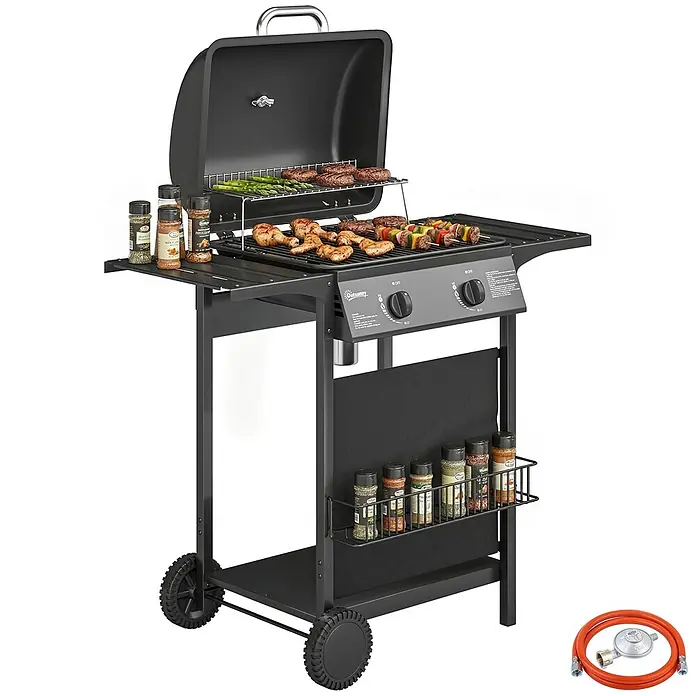 Outsunny Gasgrill - 5 kW, Anzahl Brenner: 2 Stk. - Schwarzer Gasgrill mit gegrilltem Essen auf Rosten, Seitenablagen, Gewürzregal und Rädern. Inkl. Gasschlauch und Regler.
