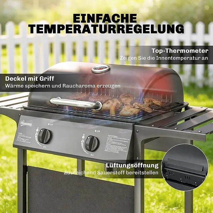 Outsunny Gasgrill - 5 kW, Anzahl Brenner: 2 Stk. - Schwarzer Gasgrill mit kochendem Essen, Deckel, Thermometer und Bedienknöpfen.