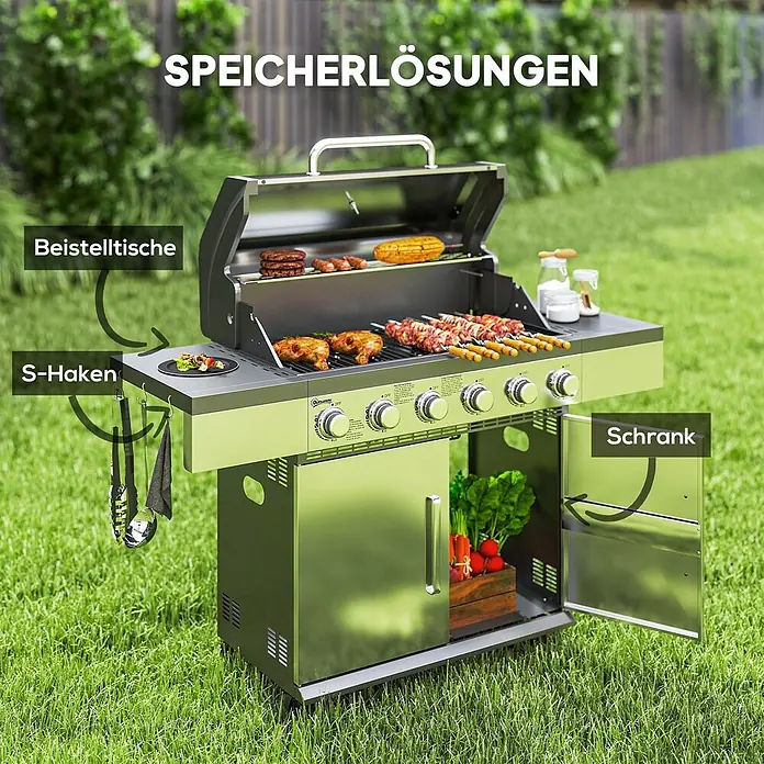 Outsunny Gasgrill - 14,9 kW, Anzahl Brenner: 6 Stk. - Edelstahl-Gasgrill in Dunkelgrau mit kochendem Essen, Seitentischen, S-Haken für Utensilien und einem Schrank zur Aufbewahrung im Garten.