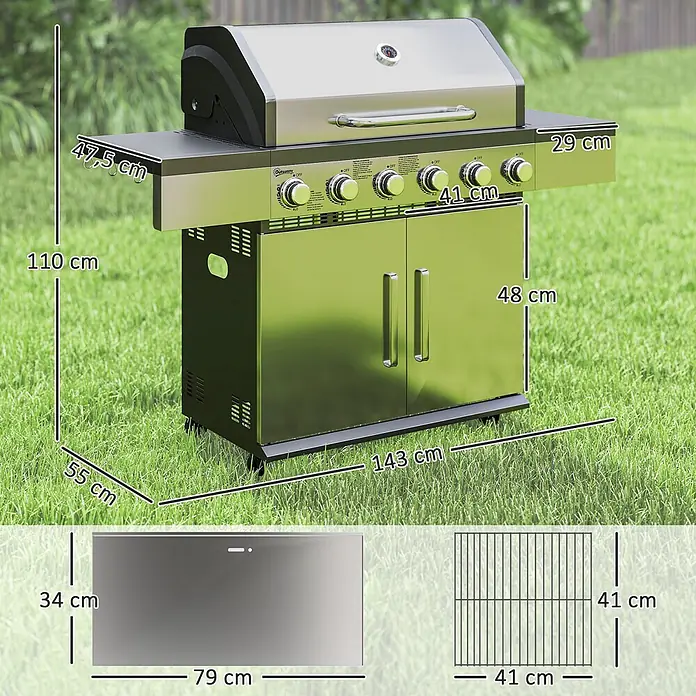 Outsunny Gasgrill - 14,9 kW, Anzahl Brenner: 6 Stk. - Edelstahl-Gasgrill mit Seitenablagen und Schrank, mehreren Brennern. Inkl. Grillroste (41x41 cm) und Warmhalterost (79x34 cm).