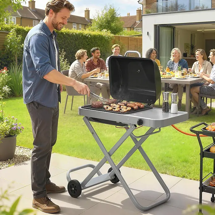 Outsunny Gasgrill - 2,5 kW, Anzahl Brenner: 1 Stk. - Tragbarer grauer Gasgrill mit schwarzem Deckel und Rädern, der bei einem lebhaften Gartenfest zum Grillen verwendet wird.