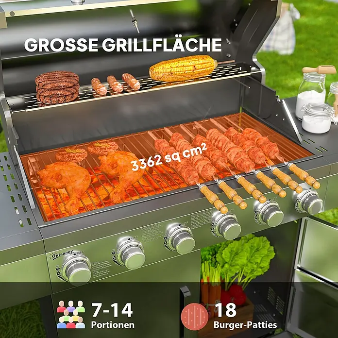 Outsunny Gasgrill - 14,9 kW, Anzahl Brenner: 6 Stk. - Edelstahl-Gasgrill mit Speisen auf dem Rost, zeigt große Grillfläche und Kapazität für viele Portionen.
