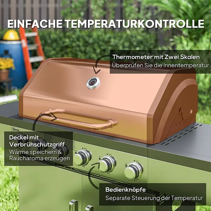 Outsunny Gasgrill - 14,9 kW, Anzahl Brenner: 6 Stk. - Kupferfarbener Gasgrill mit Thermometer und Bedienknöpfen.