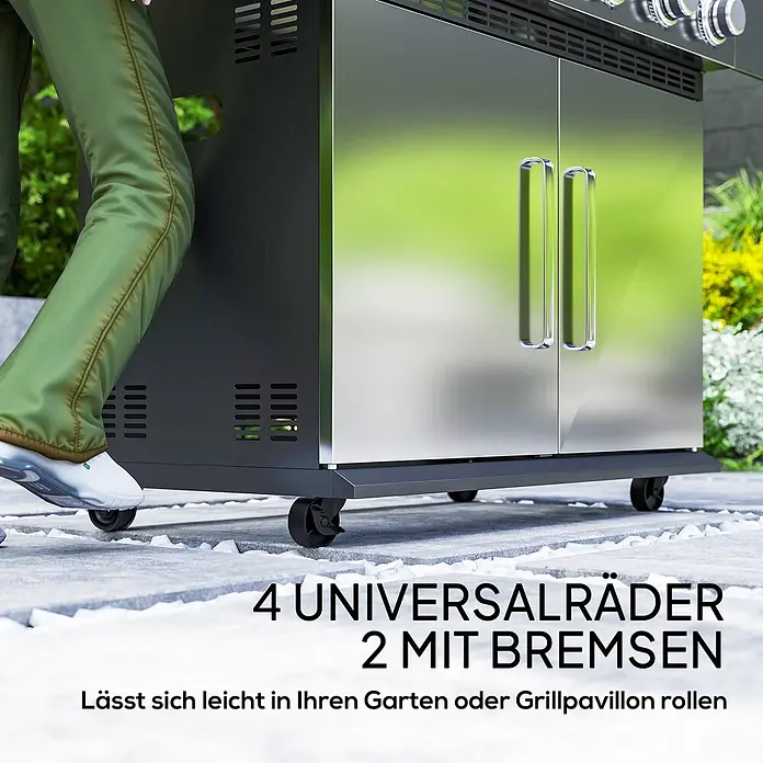 Outsunny Gasgrill - 14,9 kW, Anzahl Brenner: 6 Stk. - Edelstahl- und schwarzer Outdoor-Grillwagen auf Rollen, von einer Person bewegt. Mit 4 Universalrädern, 2 mit Bremsen für einfache Mobilität.