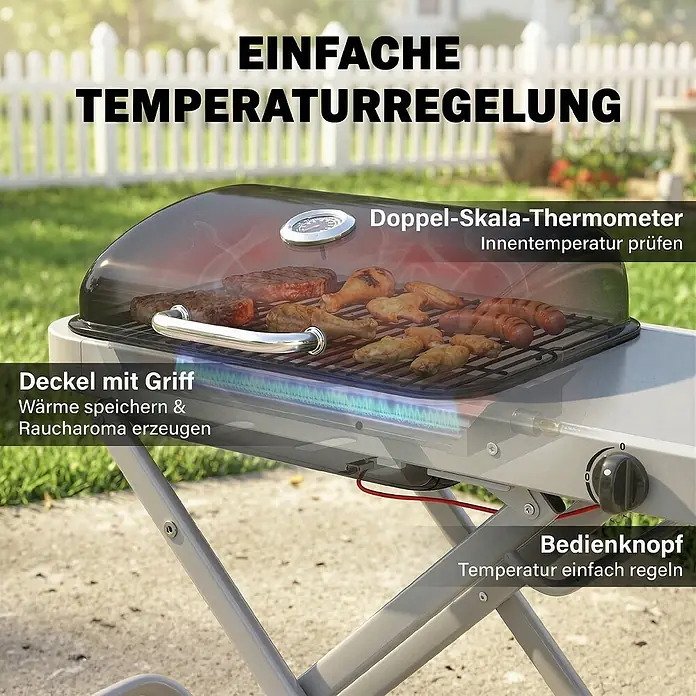 Outsunny Gasgrill - 2,5 kW, Anzahl Brenner: 1 Stk. - Ein grauer Gasgrill mit offenem transparentem Deckel, der Burger, Hähnchen und Würstchen beim Garen zeigt. Mit Thermometer und Bedienknopf zur Temperaturregelung.
