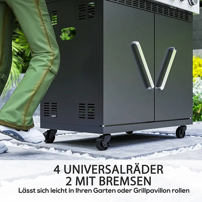 Outsunny Gasgrill - 12 kW, Anzahl Brenner: 5 Stk. - Dunkelgrauer Gartenschrank mit 4 Universalrädern, 2 mit Bremsen, wird gerollt.
