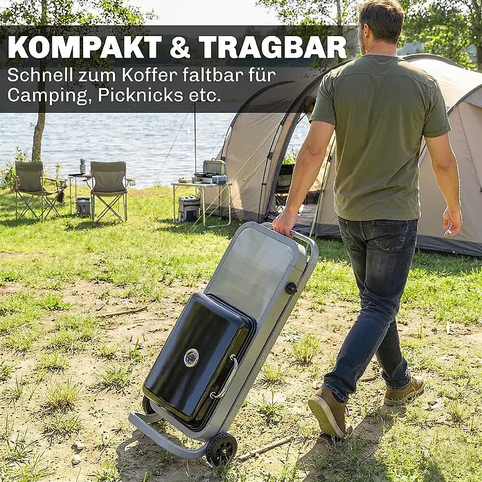 Outsunny Gasgrill - 2,5 kW, Anzahl Brenner: 1 Stk. - Kompakter schwarz-grauer Grill auf Rädern, von einer Person für einfachen Transport im Freien gezogen.