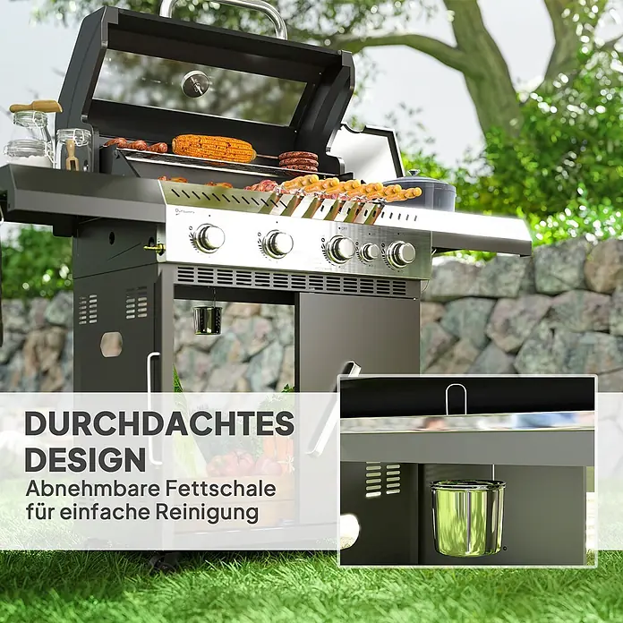 Outsunny Gasgrill - 12 kW, Anzahl Brenner: 5 Stk. - Schwarz-silberner Gasgrill im Garten, kocht Speisen und zeigt die abnehmbare Fettschale.