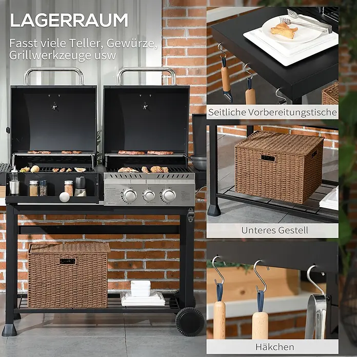 Outsunny Gasgrill - 3 kW, Anzahl Brenner: 3 Stk. - Schwarzer BBQ-Grill mit zwei Kochzonen, seitlichen Ablagen, unterem Regal und Haken für Grillwerkzeuge.