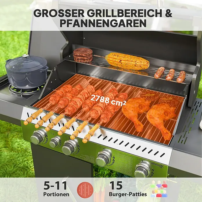 Outsunny Gasgrill - 12 kW, Anzahl Brenner: 5 Stk. - Gasgrill mit Spießen, Hähnchen, Burgern auf 2788 cm² Grillfläche und Topf auf Seitenbrenner.