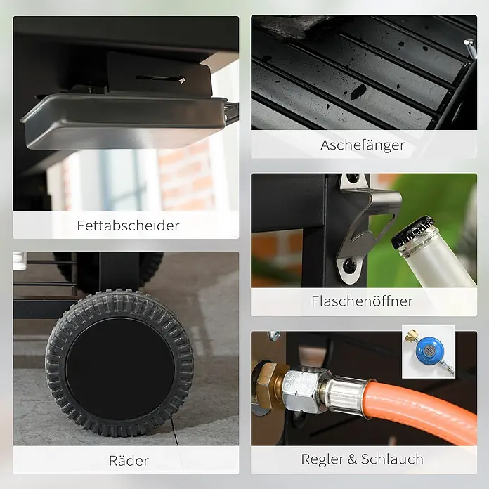 Outsunny Gasgrill - 3 kW, Anzahl Brenner: 3 Stk. - Grillmerkmale: Fettabscheider, Aschefänger, Flaschenöffner, Räder und Gasregler.