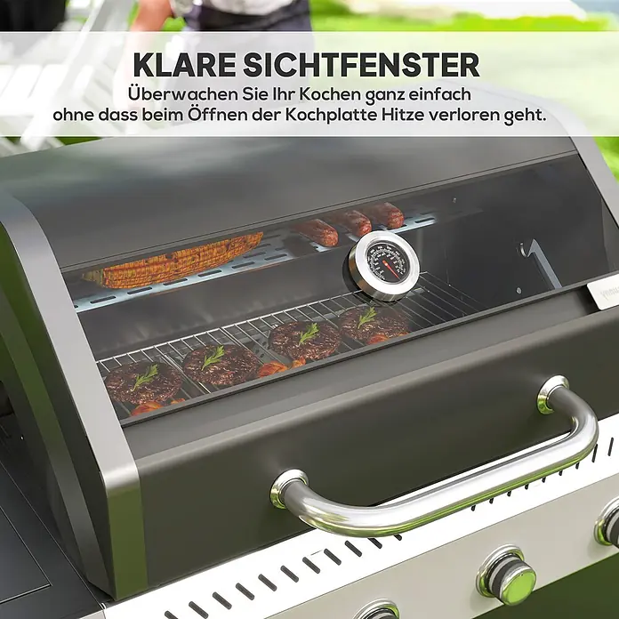 Outsunny Gasgrill - 12 kW, Anzahl Brenner: 5 Stk. - Schwarzer Grill mit klarem Sichtfenster, das das Garen von Burgern, Würstchen und Mais zeigt, mit eingebautem Thermometer.