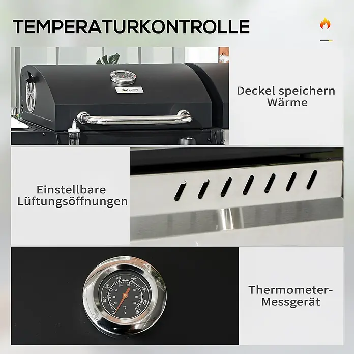 Outsunny Gasgrill - 3 kW, Anzahl Brenner: 3 Stk. - Schwarzer Grill mit Temperaturkontrolle: Thermometer, verstellbare Lüftungsöffnungen, Deckel speichert Wärme.