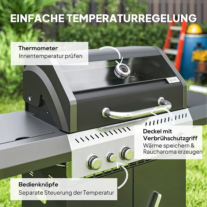 Outsunny Gasgrill - 12 kW, Anzahl Brenner: 5 Stk. - Schwarz-silberner Gasgrill mit Deckel, integriertem Thermometer und drei Bedienknöpfen.