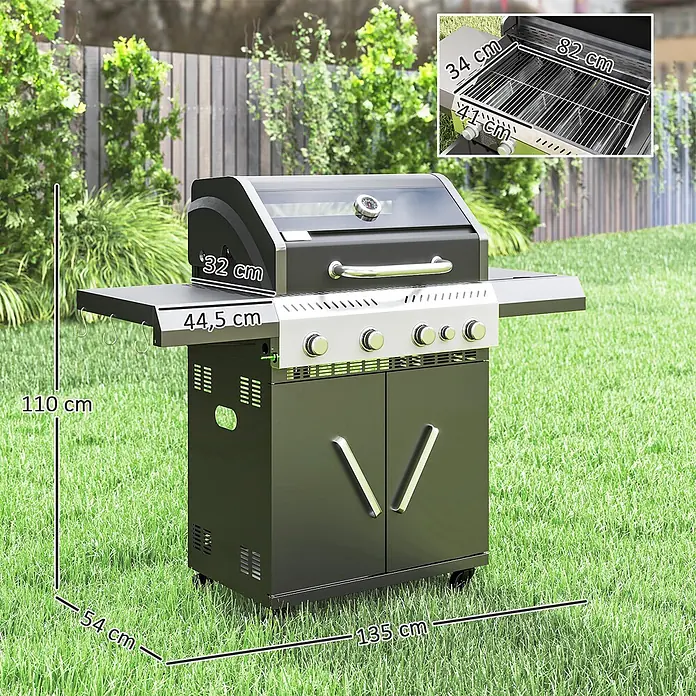 Outsunny Gasgrill - 12 kW, Anzahl Brenner: 5 Stk. - Schwarzer Gasgrill mit silbernen Akzenten im Garten, Maße: 135 cm breit, 110 cm hoch, 82x41 cm Grillfläche.