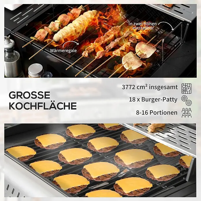 Outsunny Gasgrill - 3 kW, Anzahl Brenner: 3 Stk. - Schwarzer Grill mit großer Kochfläche, auf dem verschiedene Speisen über Flammen und auf verstellbaren Wärmeregalen garen.